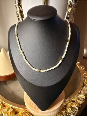 Tory Burch White Pearl Bead Necklace with Gold Logo Accents